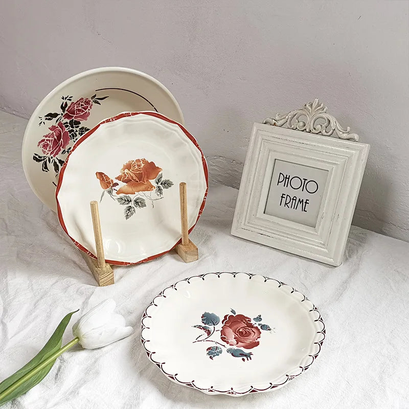 Solhui Retro Ceramic Rose Dinner Dishes and Plates