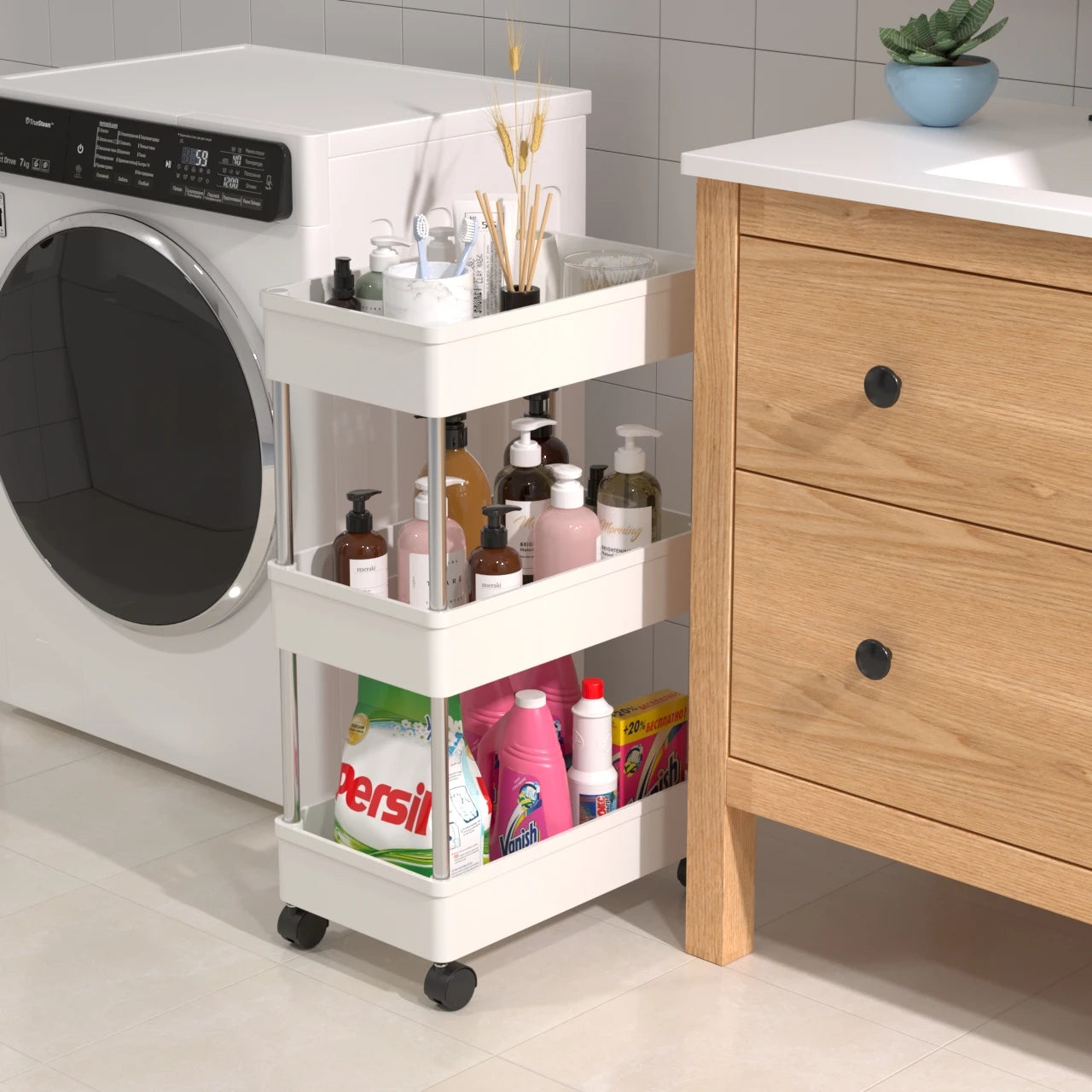 High Quality 4-Tier Slim Storage Trolley Standing Type Rolling Utility Cart with Slide Out Feature Made of Durable Plastic