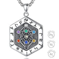 925 Sterling Silver Hexagon Shaped Armanen Runes Talisman 9 Colors Yggdrasil Tree of Life Pendant Necklace for Men or Women