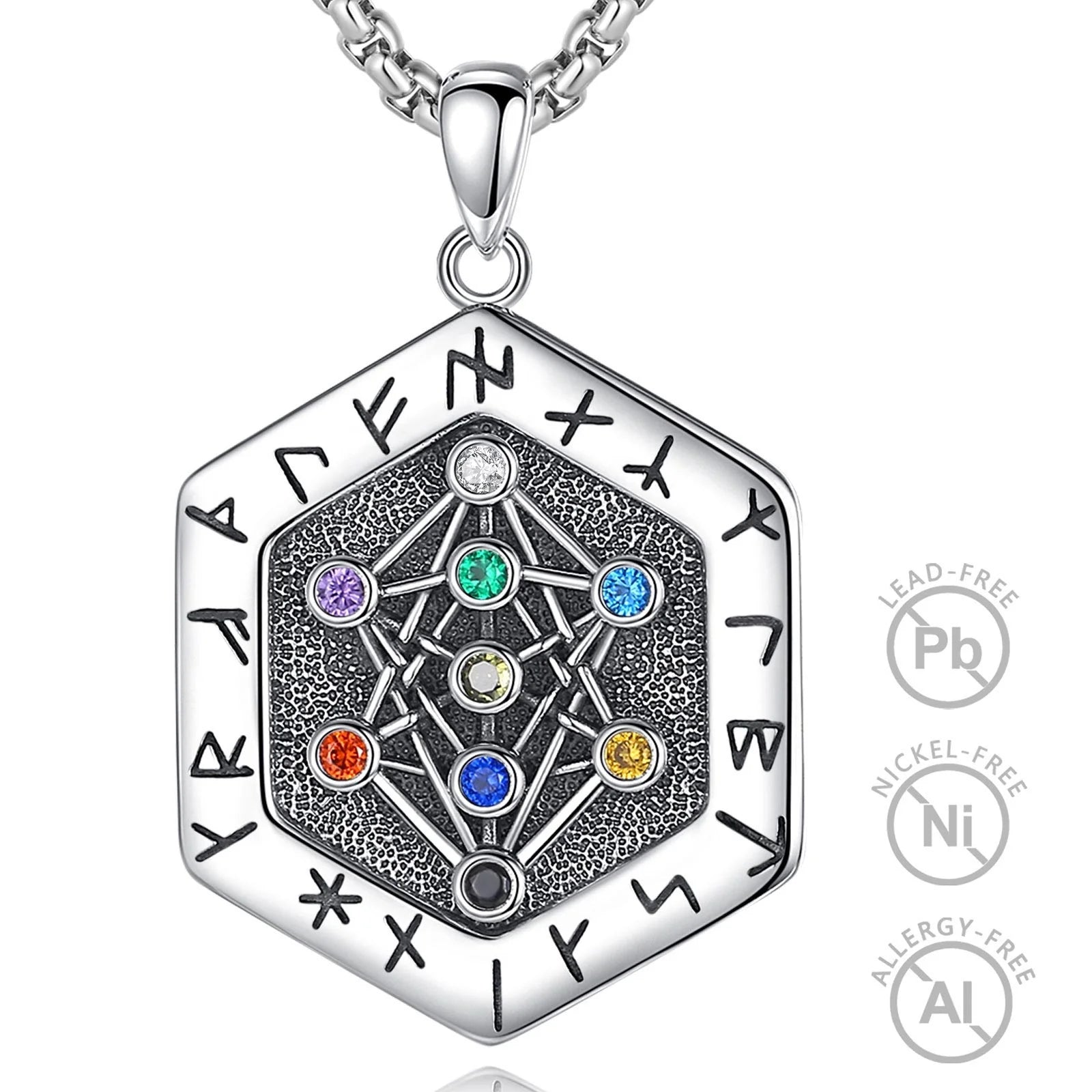 925 Sterling Silver Hexagon Shaped Armanen Runes Talisman 9 Colors Yggdrasil Tree of Life Pendant Necklace for Men or Women