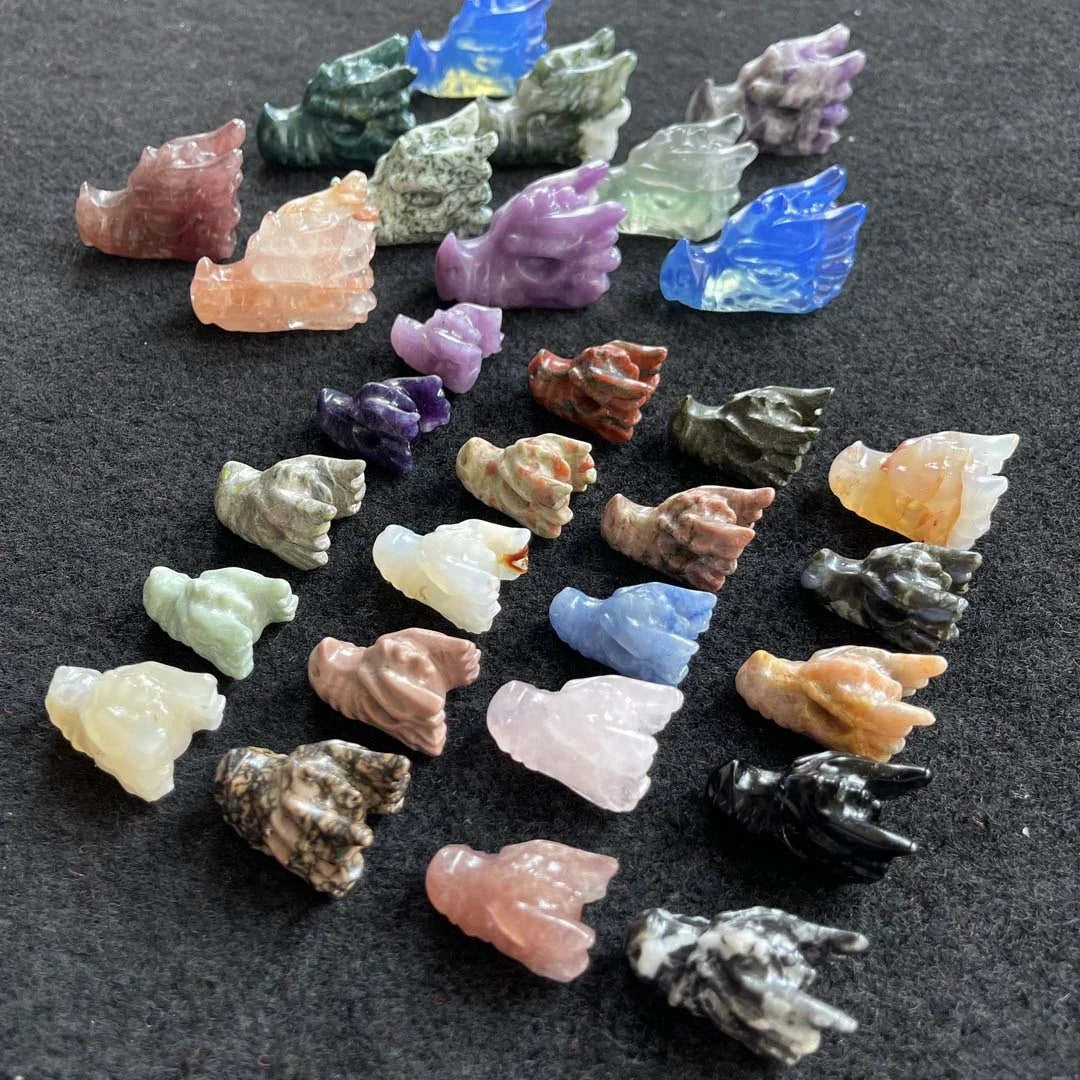 Wholesale Hand Carved Obsidian Agate Lepidolite Amethyst Rose Quartz Mini Dragon Head