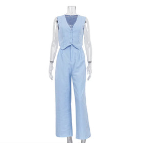 Women's Summer New Cotton Linen Sleeveless Tank Top Vest Pants Two Piece Casual Fashion Women's Set SML
