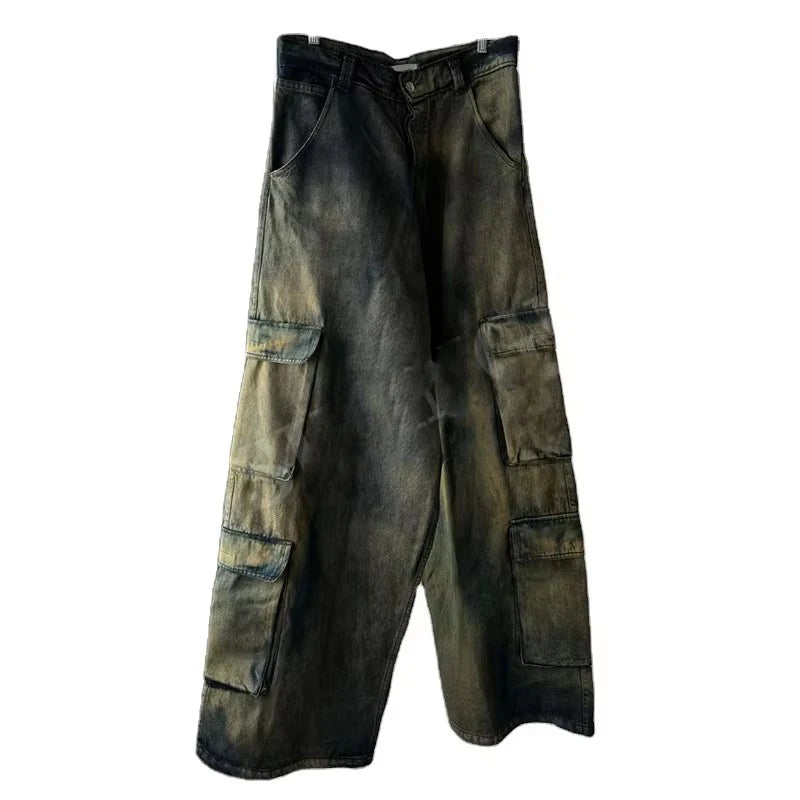 YSJY Stacked Jeans Men Streetwear Custom Acid Wash Retro Denim Cargo Pants Wide Leg Baggy Wash Denim Jean