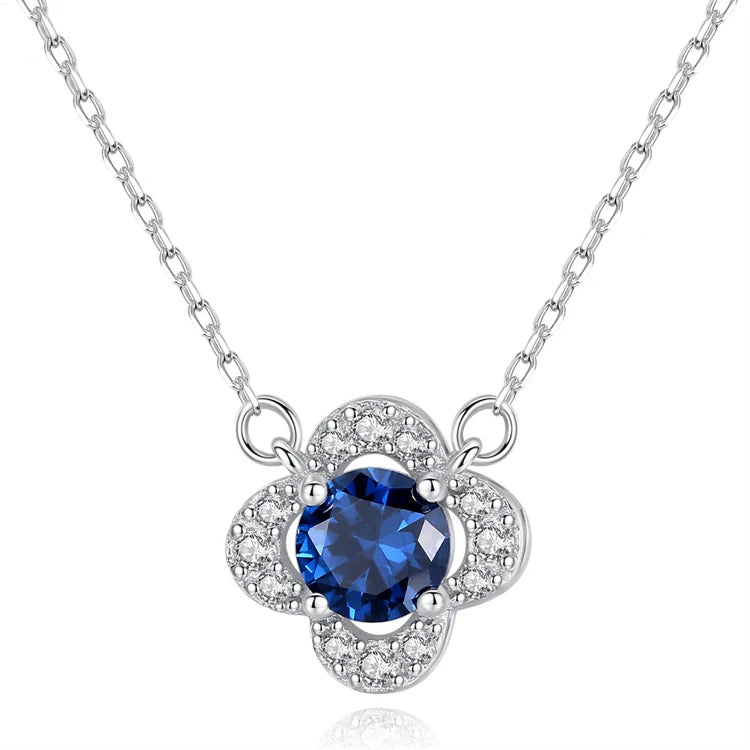 Fine Flower Shape Sapphire Gemstone Pendant 925 Sterling Silver Zircon Diamond Necklace For Women