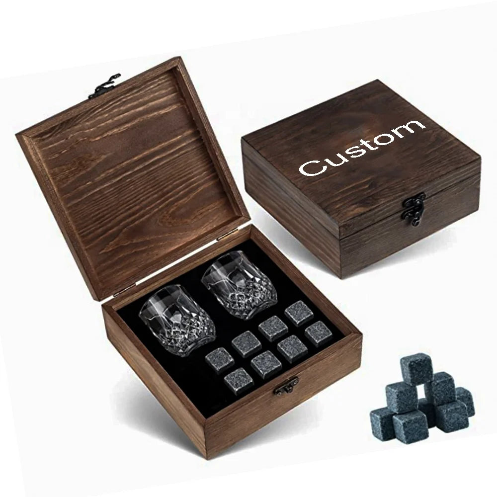 Polished Solid Wood Whiskey Stones and Glass Storage Box Set