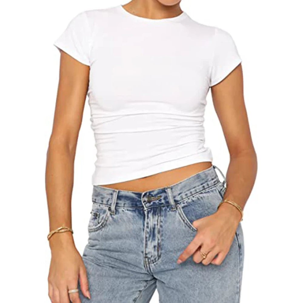 Women's 100% Cotton Crop Top Tee Fashion Custom Print Basic Blank Plain Short Crew Neck with Sequined Ribbons Decoration