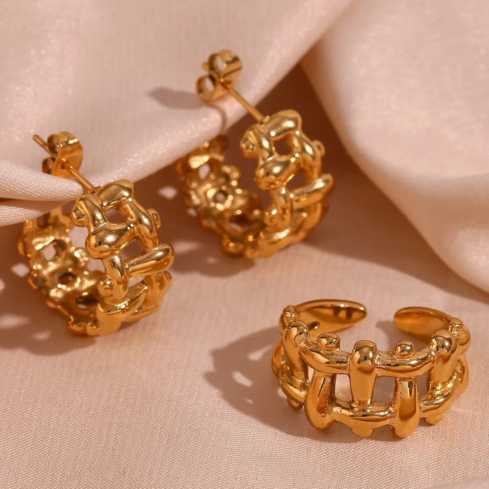 Dreamshow Engraved Woven Earrings & Ring Set Waterproof Tarnish Free PVD Gold Plated Earring Women Jewelry