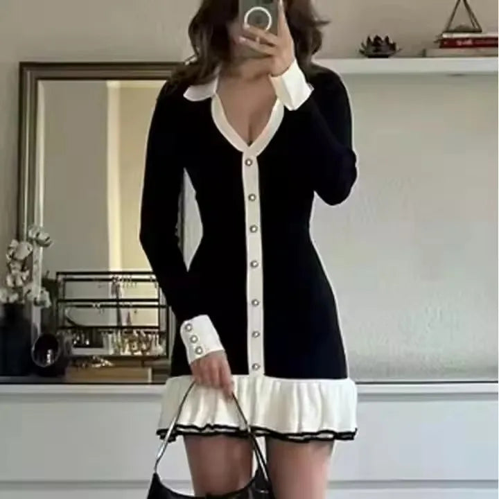 Female Knitwear Bandage Dress Women's Summer Backless Contrast Cardigan Lace-Up Elegant Dress Ruffled Bow Knit Mini Dress