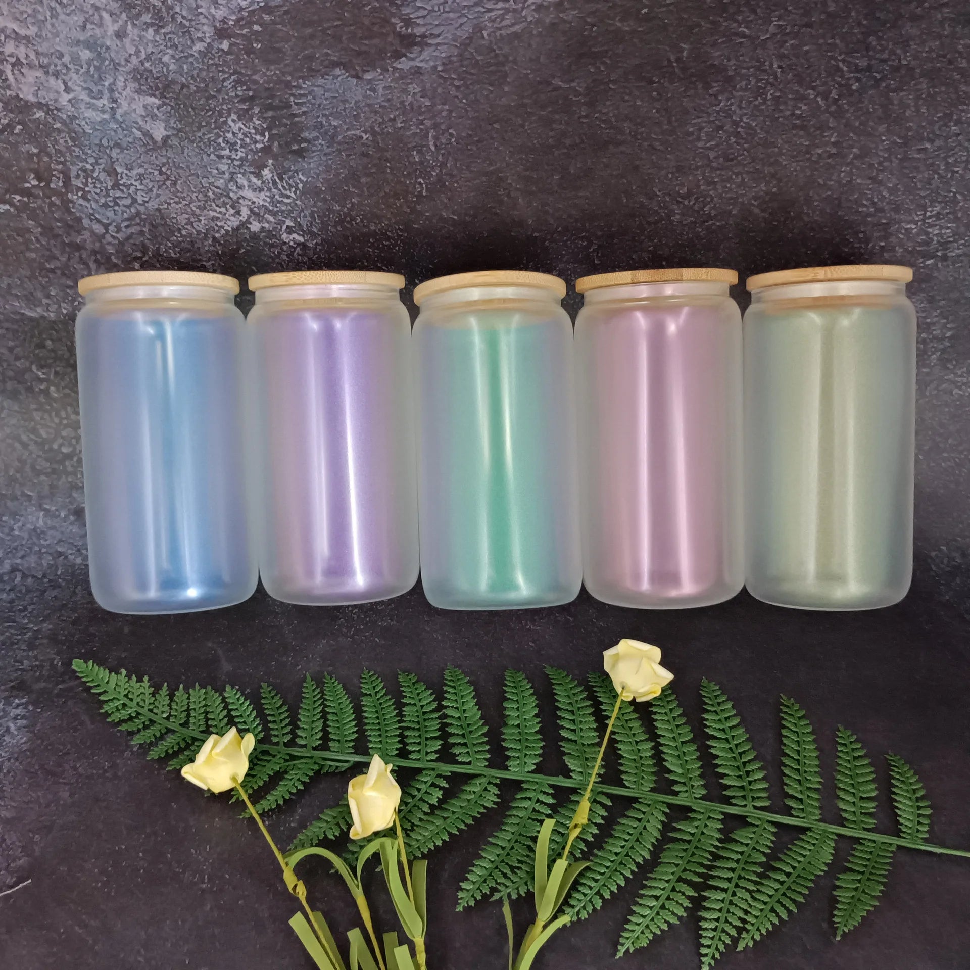RubySub 16oz Sublimation Iridescent Glass Can Blanks with Bamboo Lid and Straw