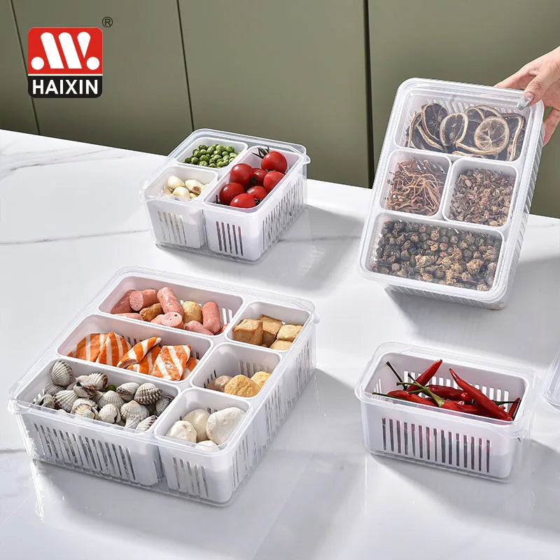 Kitchen Accessories Airtight Vegetable Fruits Fresh Box Divided Serving Tray Plastic Food Storage Container with Drain Basket