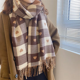 Versatile Korean Version Large Shawl Thick Neck for Warmth Double Sided love Grid Red Cashmere Scarf