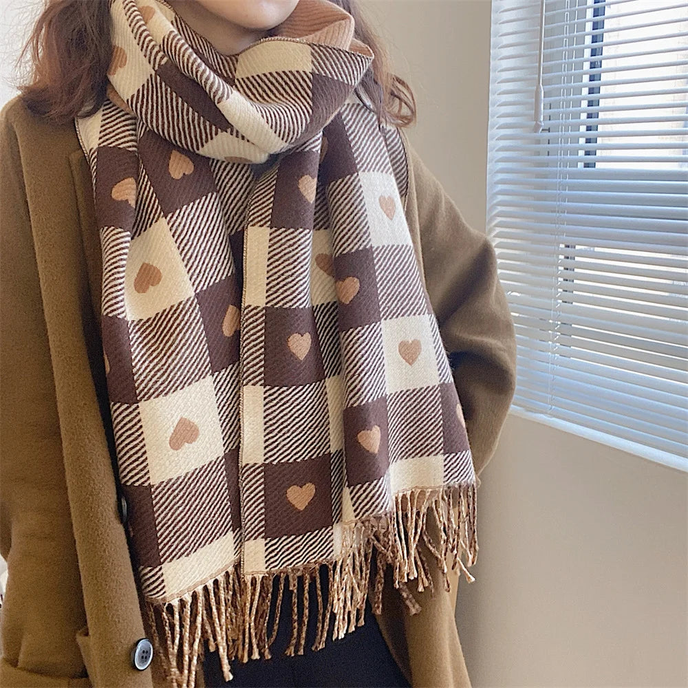 Versatile Korean Version Large Shawl Thick Neck for Warmth Double Sided love Grid Red Cashmere Scarf