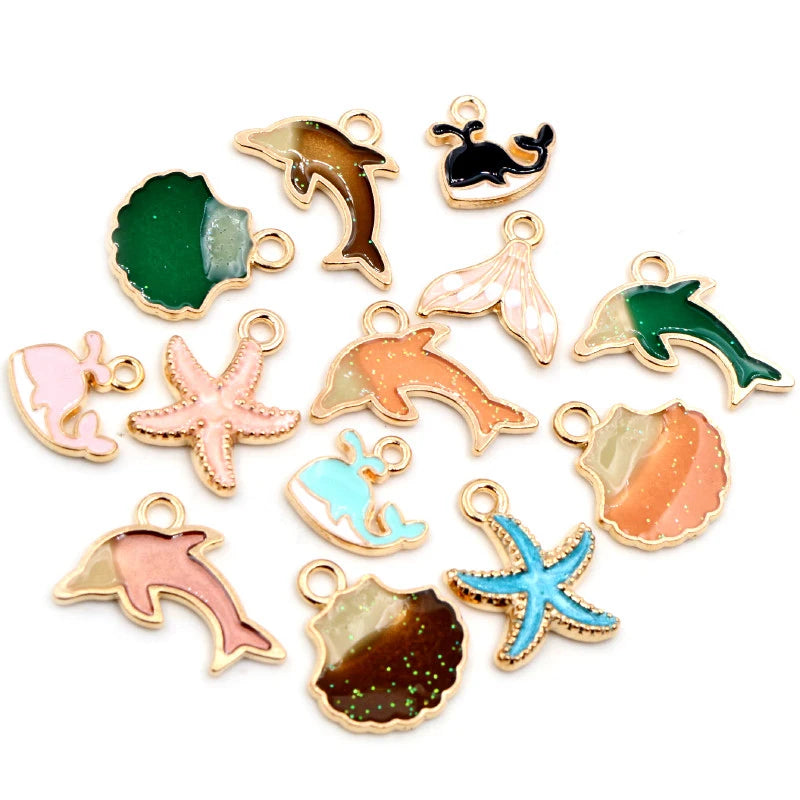 10pcs Enamel Cute Charms Pendant for Jewelry Making Supplies Starfish Dolphin Shell Ocean Animal Alloy Metal Drop Oil Findings