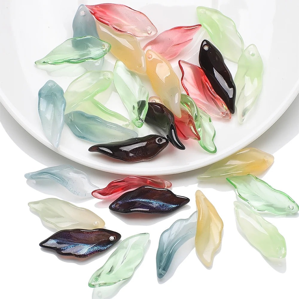 Zhubi 25MM Seagrass Leaf Glass Beads for Girls Earrings Gradient Colors Crystal Pendant Leaf Beads for DIY Charms Gifts