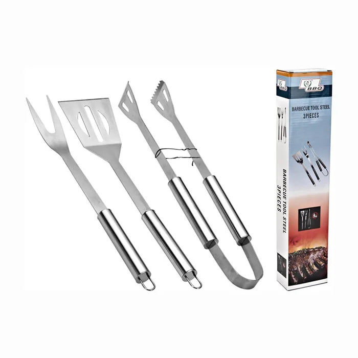 Outdoor Camping Stainless Steel Three-Piece BBQ Tool Set Metal Picnic Accessories