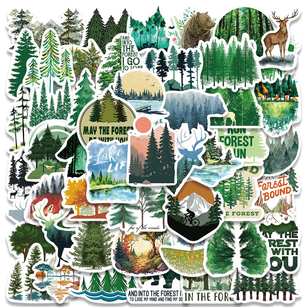 50PCS Cartoon Cute Wild Forest Eco-Friendly Vinyl Adhesive Stickers DIY Luggage Refrigerator Green Die Cut Sticker