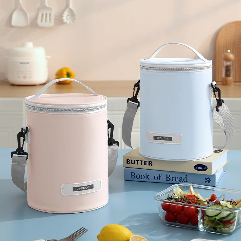 Reusable Round Lunch Insulated Cooler Bag with Letter Pattern Shoulder Strap and Zipper Closure Made of Durable Oxford