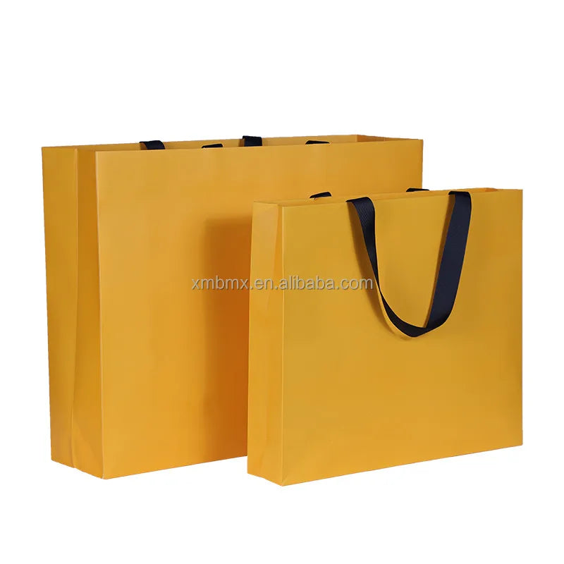 Solid Color Coated Paper Gift Bags Ribbon Handles Big Square Shopping Bag Without Waistline
