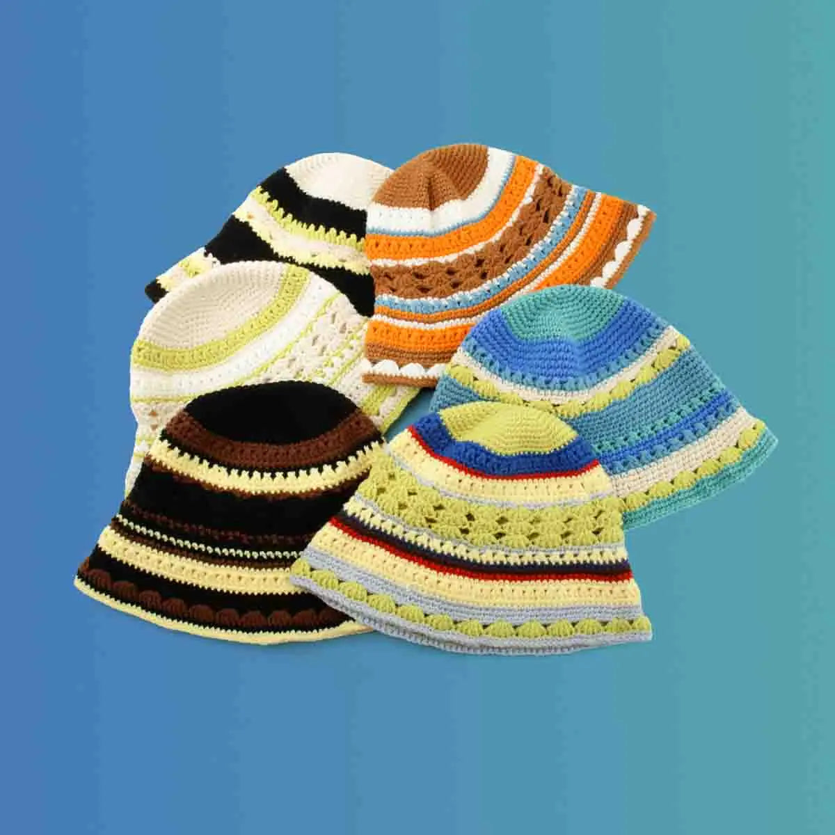 Wholesale Custom Colorful Bohemian Stripe Crochet Pattern Bucket Hats Knitted Fishermen Cap Fishing Casual Party Cycling Daily