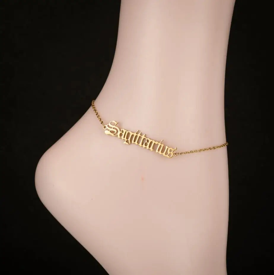 Fashion Non Tarnish 18k Gold Zodiac Anklets for Women Girls Waterproof Stainless Steel Custom Initial Ankle Bracelets Wholesale