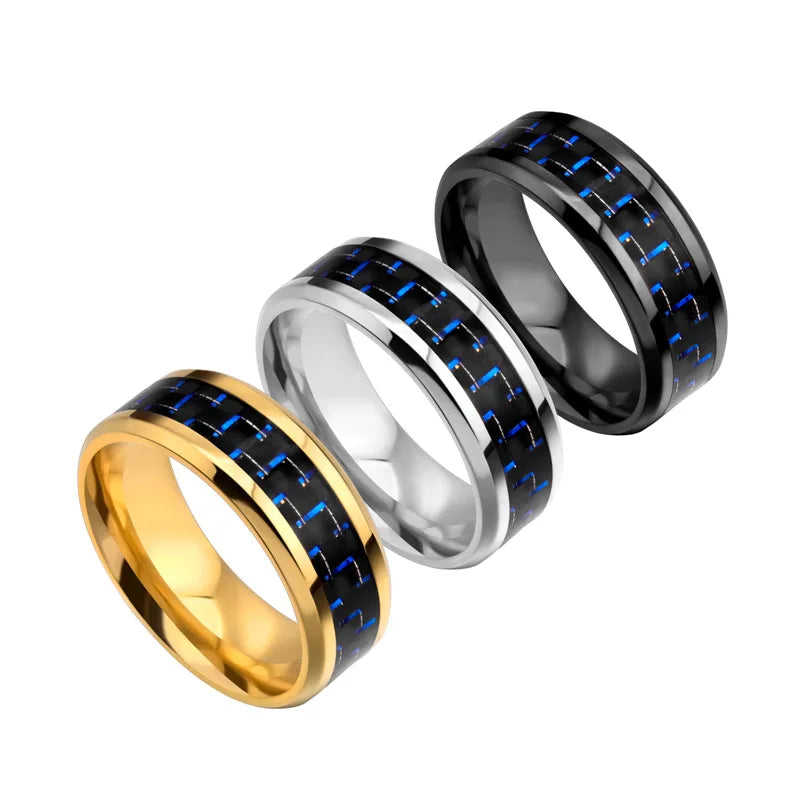 Hot Sale 18k PVD Gold Plated Non Tarnish Forged Stainless Steel Blue Carbon Fiber Inlay Mens Rings