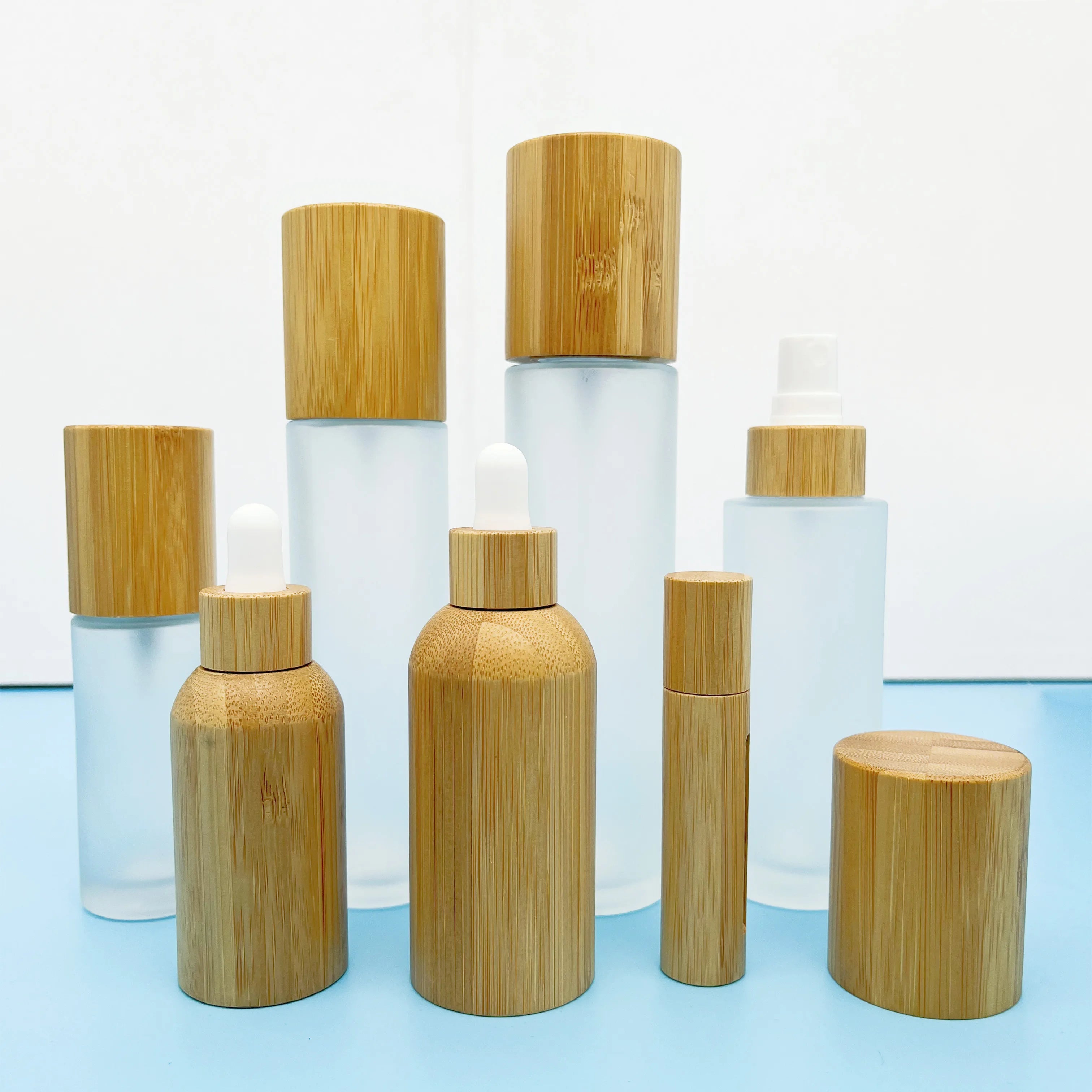 Frosted  Glass Oil Dropper 30ml 50ml 100ml 120ml 150ml Mist Spray Bamboo Lotion Pump Bottle with Bamboo Lid for Cosmetic