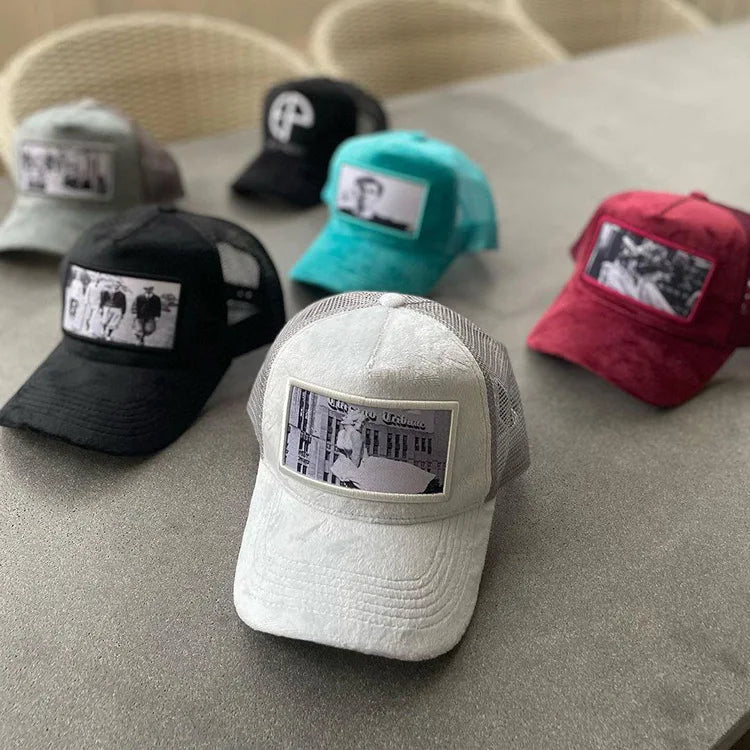Custom Made 5 Panel Velvet Trucker Hat 3D Embroidery Sports Cap Design Applicable for Summer Winter Outdoor Casual Travel Scenes