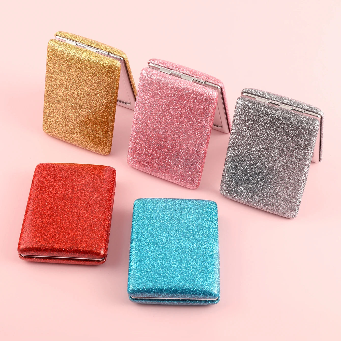 Mini Rectangular Double-Sided Folding PU Glitter Leather Cosmetic Mirror Available in Five Colors