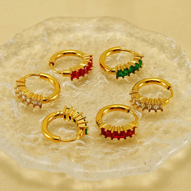 Fashionable Light Luxury Round CZ Cubic Zircon Gold Plated Stainless Steel Huggie Big Hoop Earrings Trendy Colored Zircon