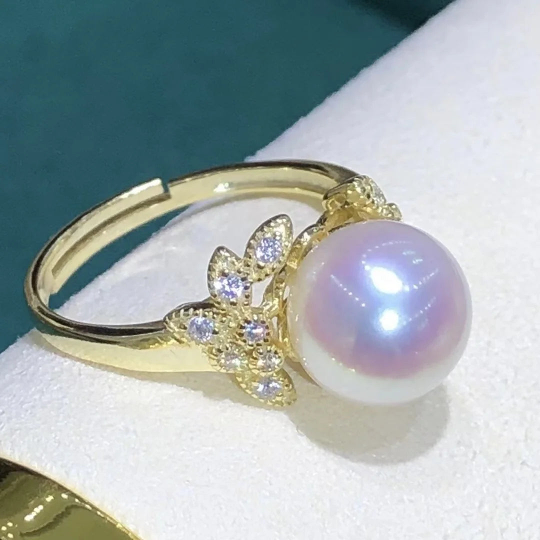 R733 9-10mm Natural Freshwater Pearl Ring Accessory 925 Sterling Silver Adjustable Size Engagement Jewelry Ring for Women