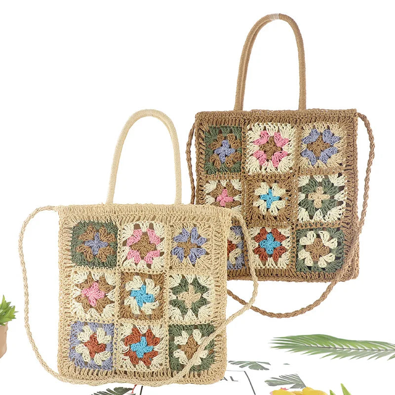 Large Bohemian Tote Bag Indian Boho Shoulder Strap with Zipper Closure Dual Handle Casual straw Beach Handbag-Wholesale