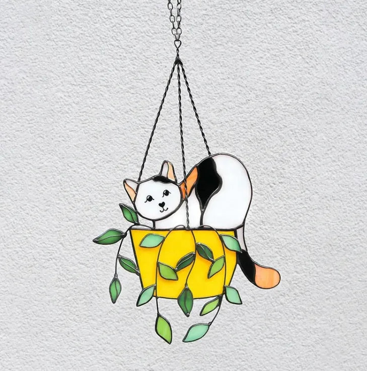 Cat in a Flowerpot Sun Catcher Acrylic Pendant Wind Chimes Window Ornament Pendant Wall Art Ornament