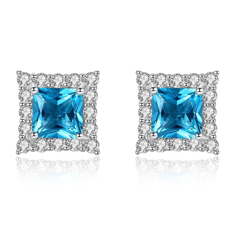 Fine Jewelry 925 Sterling Silver Square Shape Diamond Women Fashion Simple Gemstone Stud Earrings