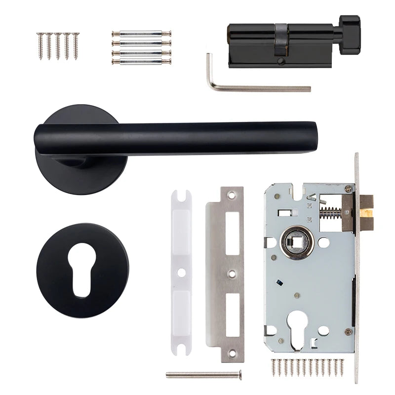 Italian Luxury Modern Matt Black Lever Door Knobs Wood Doors Zinc Alloy Mortise Door Lock Handle Set with Round Rosette