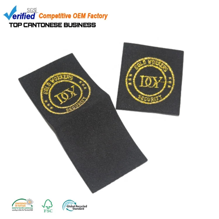 Clothing Weaving Tags Wholesale Custom Name Logo Polyester Gold Thread Central Fold Garment Woven Labels for T Shirt