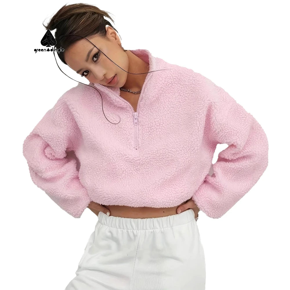 Autumn Winter Luxury Long Sleeve Half Zipper Fur Lambswool Thick Crop Tops Hoodie Wool Sweatshirt Women