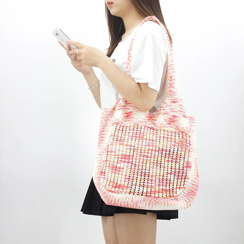 2023 Latest Vintage Lady Bohemian-Inspired Large Capacity Knitted Tote Bag Two Open Handles Women's Fashion Puffer Shoulder Bag