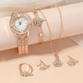 Trendy 5 Pcs/Set Crown Shaped Ring Earrings Bracelet Necklace Bling Crystal Crown Stainless Steel Band Quartz Watch Jewelry Set