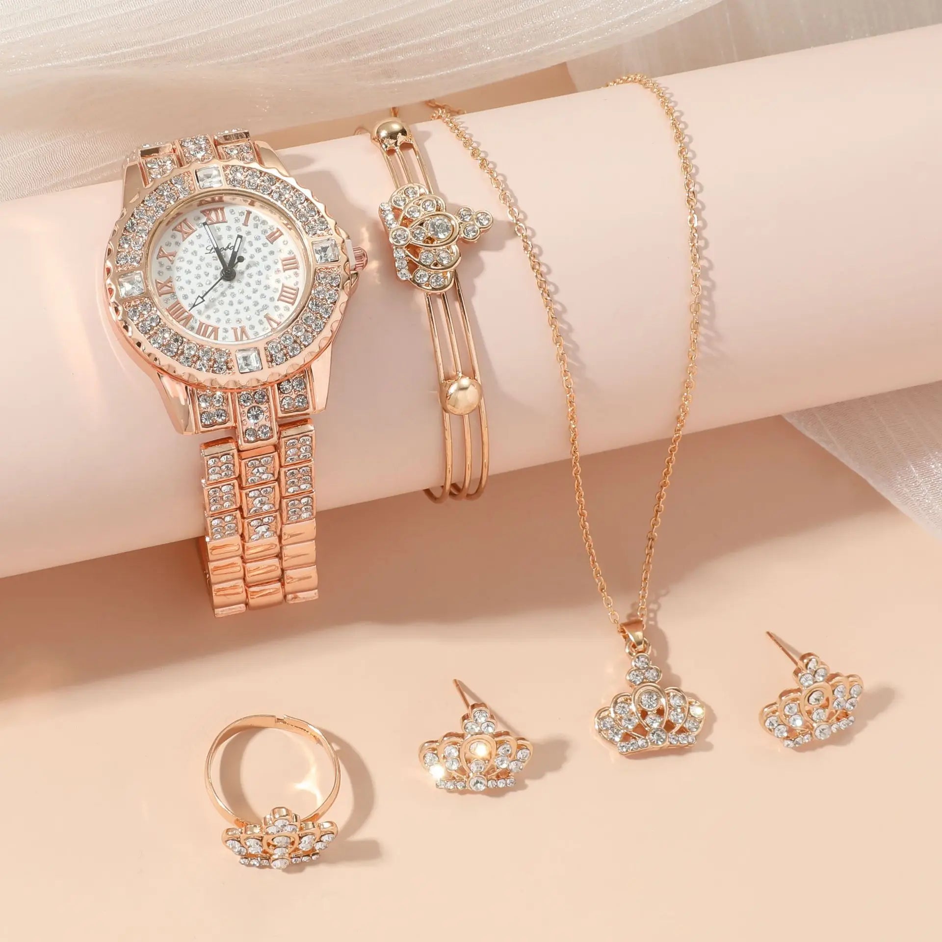 Trendy 5 Pcs/Set Crown Shaped Ring Earrings Bracelet Necklace Bling Crystal Crown Stainless Steel Band Quartz Watch Jewelry Set