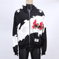 Fashion Streetwear Manufacturers Sublimation Hoodies Distressed Hole Zip up Hoodie with Embroidered Patches & Rhinestone Details