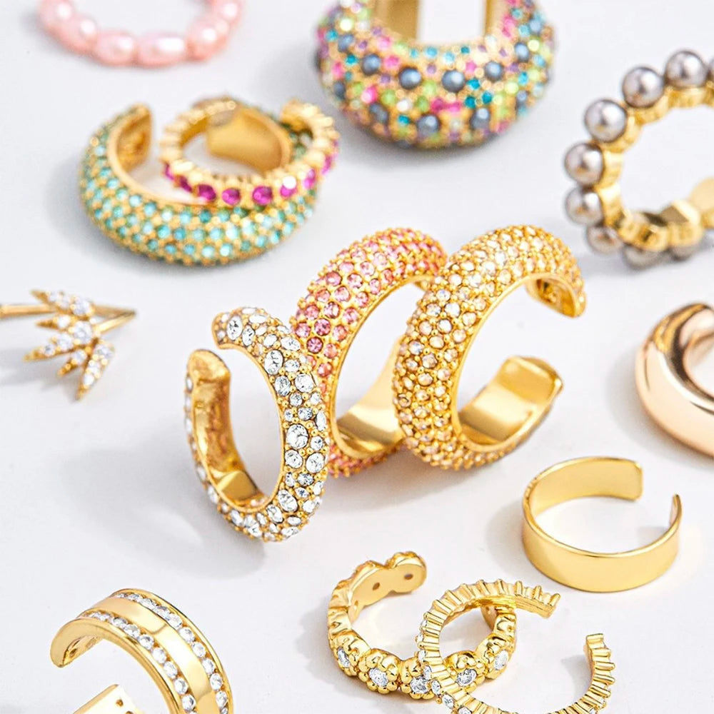 HOVANCI 2020 New Arrival Multicolor CZ Crystal Ear Cuff C Shaped Ear Clips No Pierced Clip on Earring for Women