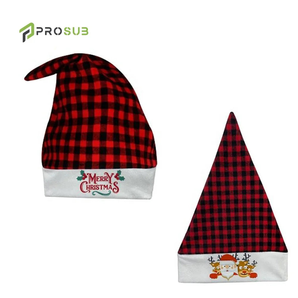 Prosub Xmas Sublimation Blank Hats Christmas Festival Party Decoration Short Plush Buffalo Plaid Sublimation Santa Hat