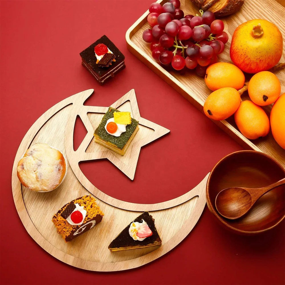 Ramadan Wood Dessert Tray Moon Star Tableware Eid Mubarak Party Serving Dinner Dessert Pastry Display Holder Decoration Ornament
