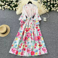 2025 New Elegant Long Dress Women With Lantern Sleeves Printed Big Swing Dress