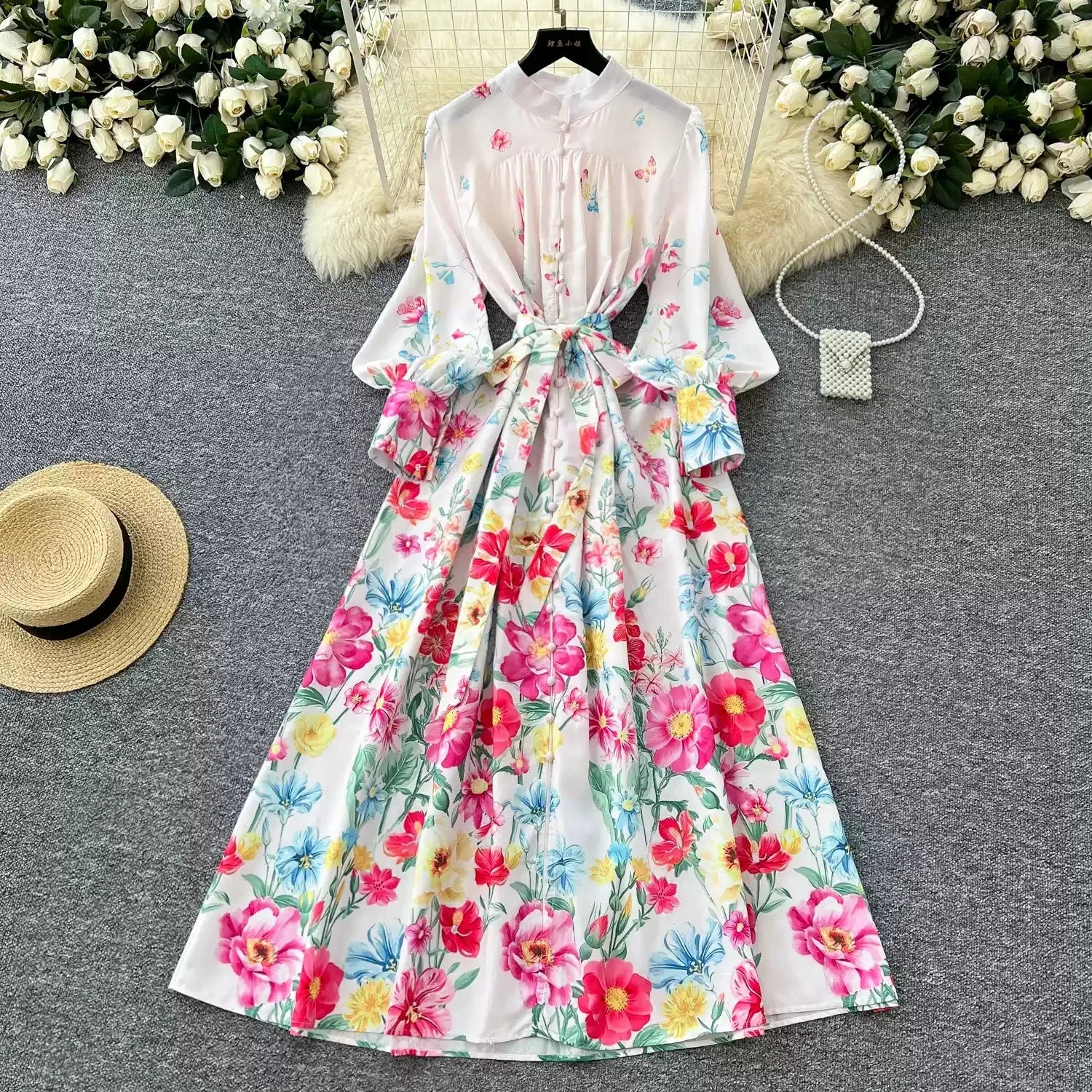 2025 New Elegant Long Dress Women With Lantern Sleeves Printed Big Swing Dress
