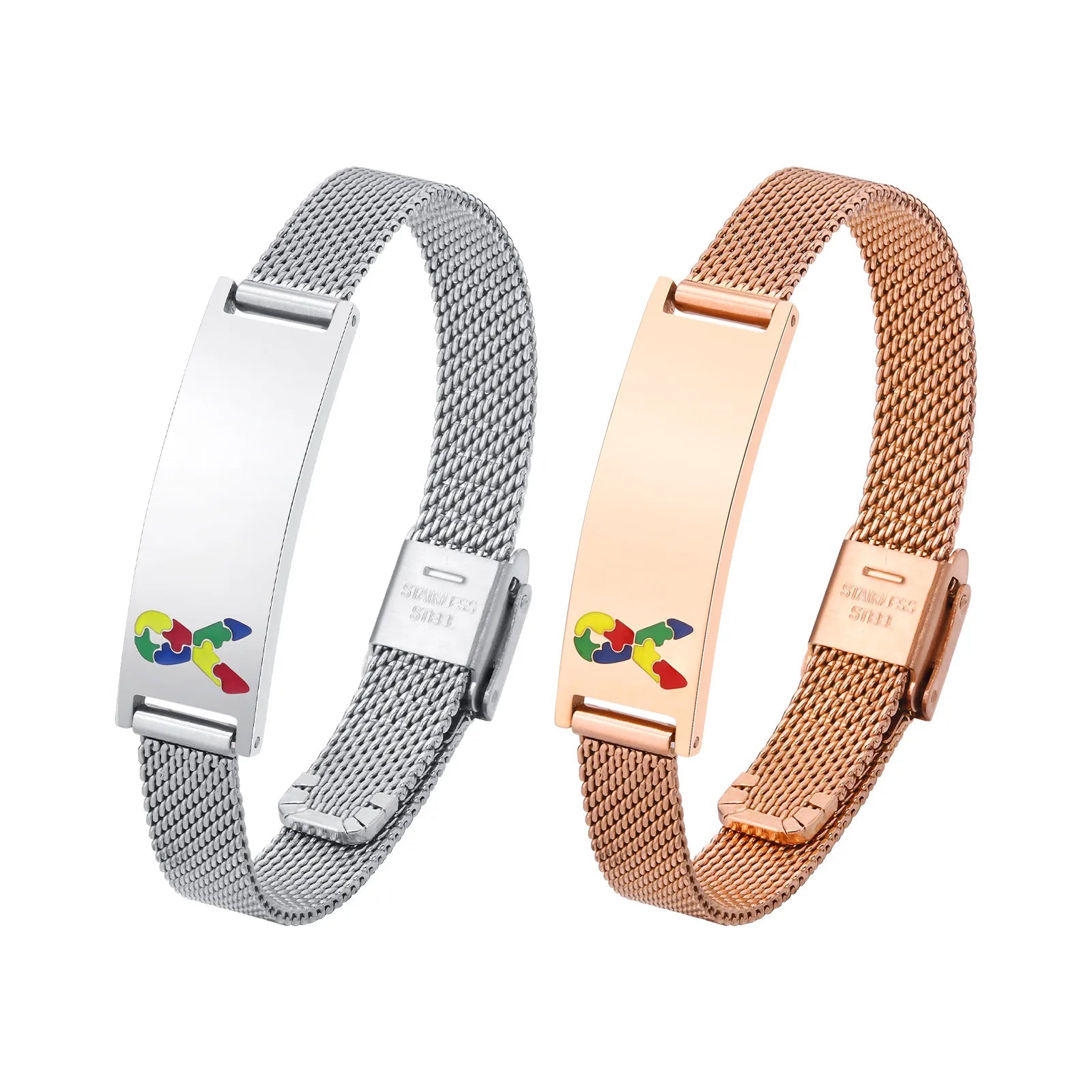 Vnox Dainty Mens Smooth Back Sand Bend Corrosion Drop Color Autism Logo Mesh ID Bracelet Charms 2024