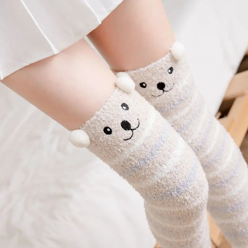 MIO New Style Winter Stockings Warm Cute Cartoon Bear Cats Fluffy Thicken Coral Fleece Knee High Socks Women Fuzzy Thigh Socks
