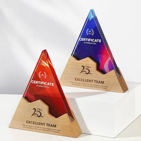 Personalized Full Color Printing Triangle Shape Optical Crystal Glass Trophy with Wooden Base MH-NJ0241