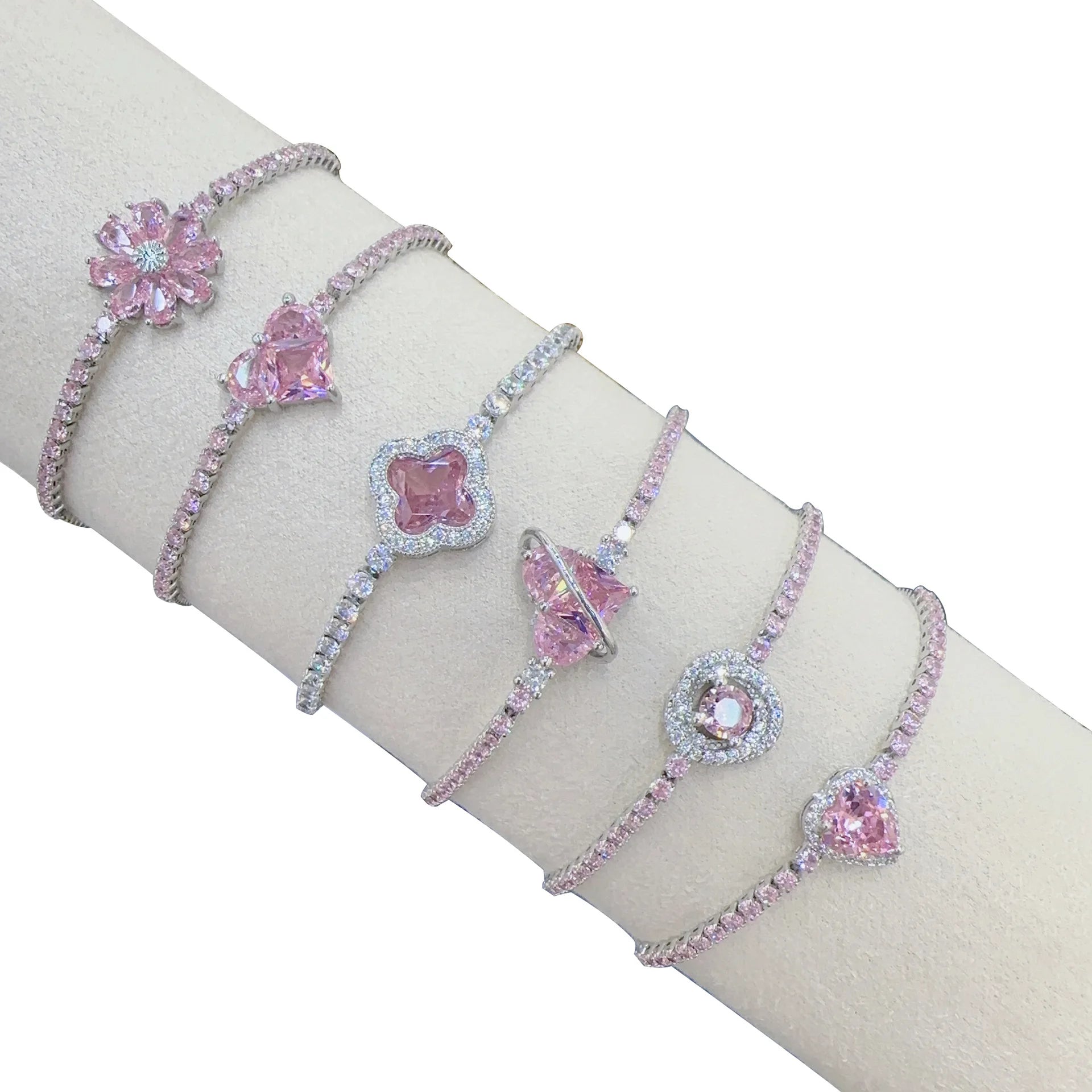 Iced Out Women Jewelry Adjustable Pink Tennis Bracelet 18k Gold Plated Heart Flower Butterfly Bling Bracelet Girl Gift