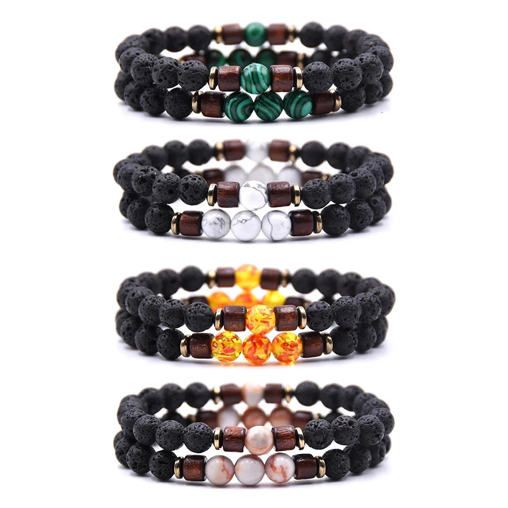 Wholesale Man Jewelry Natural Lava Stone Volcanic Beaded Elastic Lucky Bracelet Set for Men
